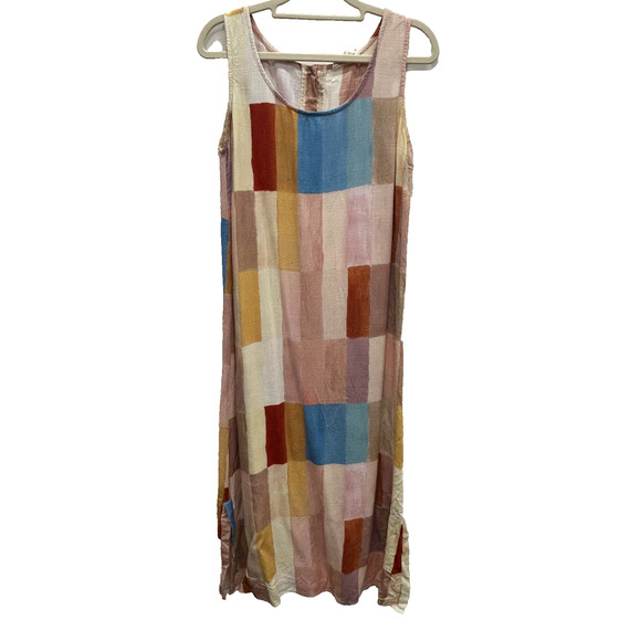 VRG GRL Womens Cate Smock Patchwork Maxi Dress Sleeveless Linen Blend Size 6 - Picture 2 of 11